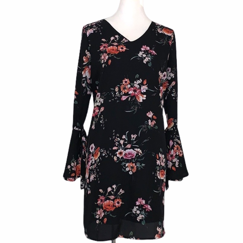 She + Sky floral sheer overlay bell sleeve shift dress